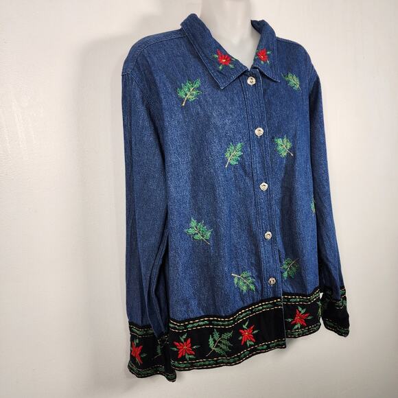 Blair Women Denim Shirt XL Embroidered Festive Poinsettia Holiday Button Front - Picture 4 of 9